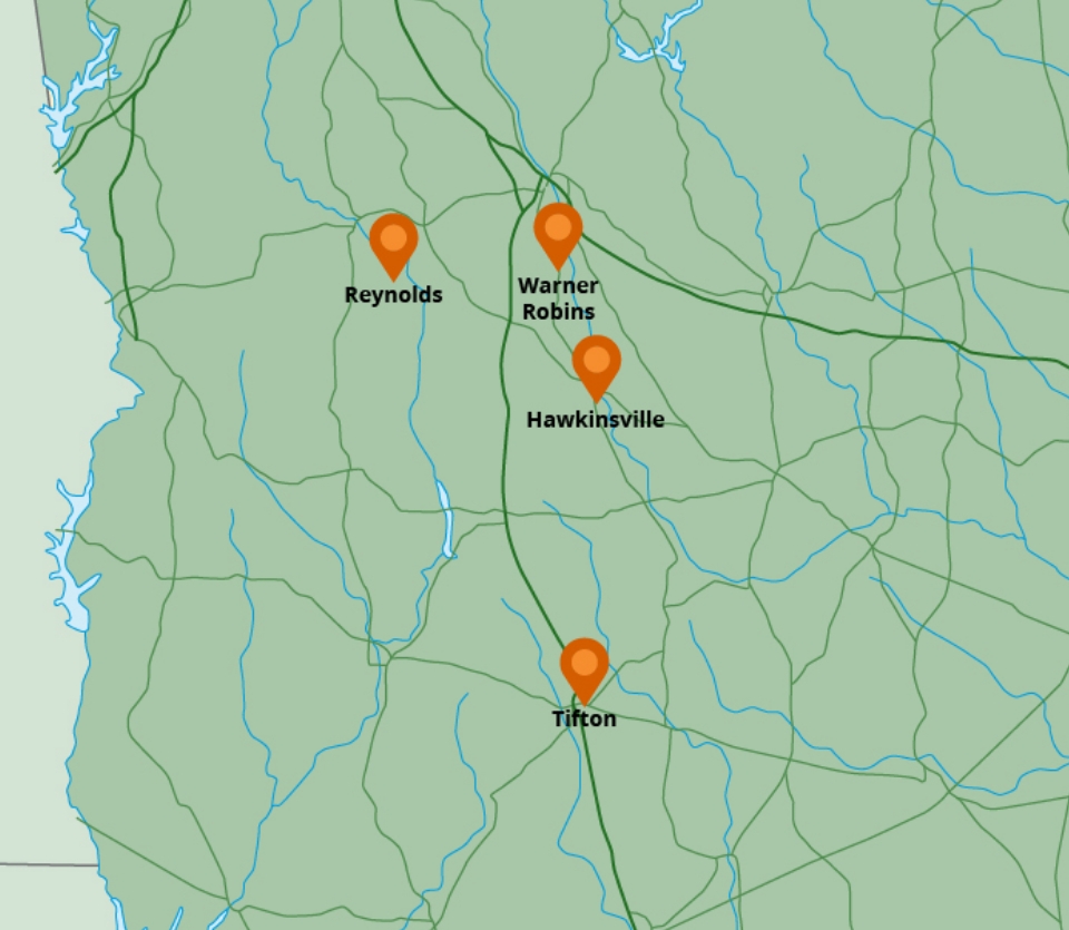 map of Reynolds, Warner Robins, Hawkinsville, and Tifton locations